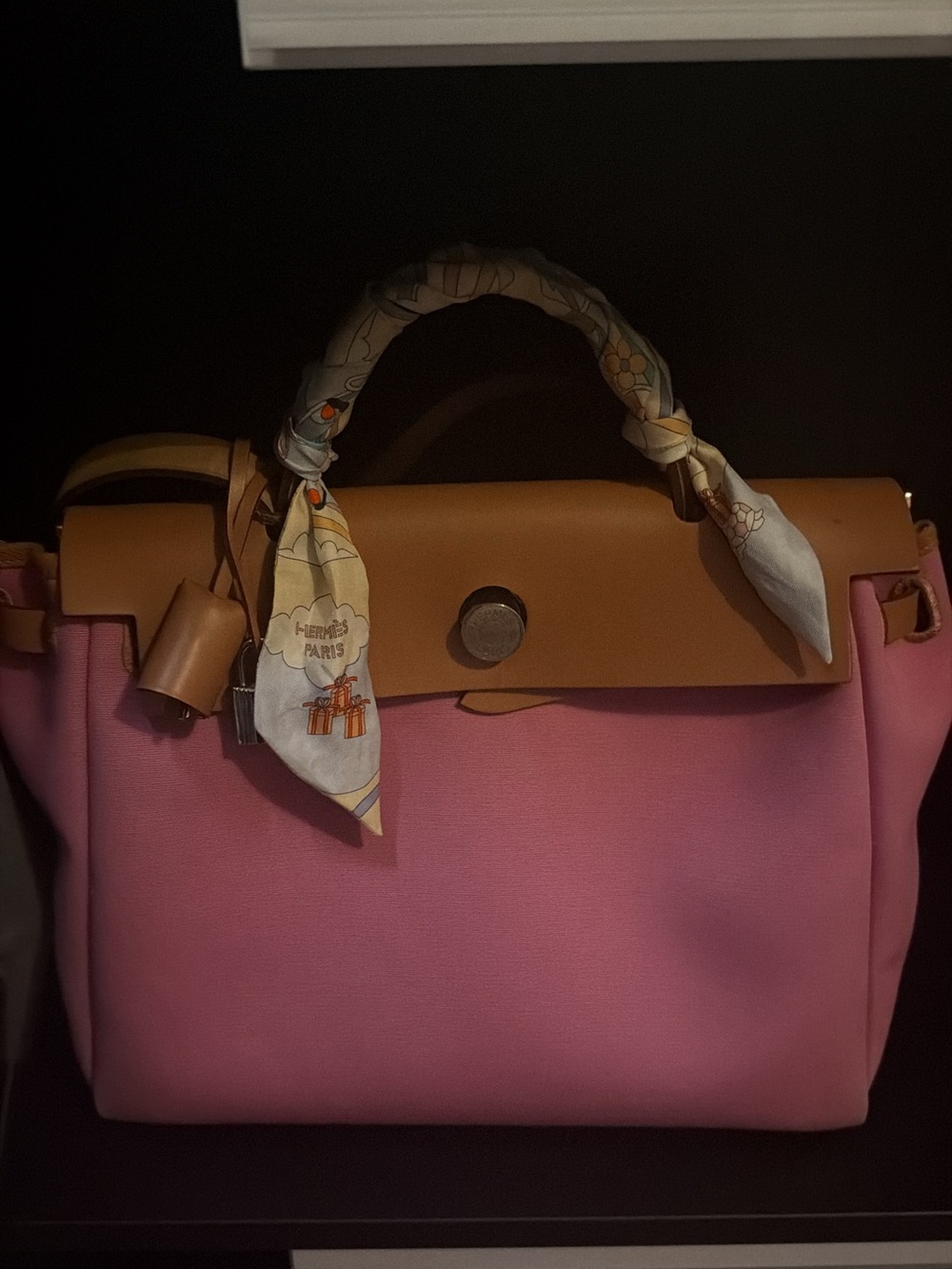 Hermes Pink and Tan Crossbody Satchel with Scarf-Wrapped Handle